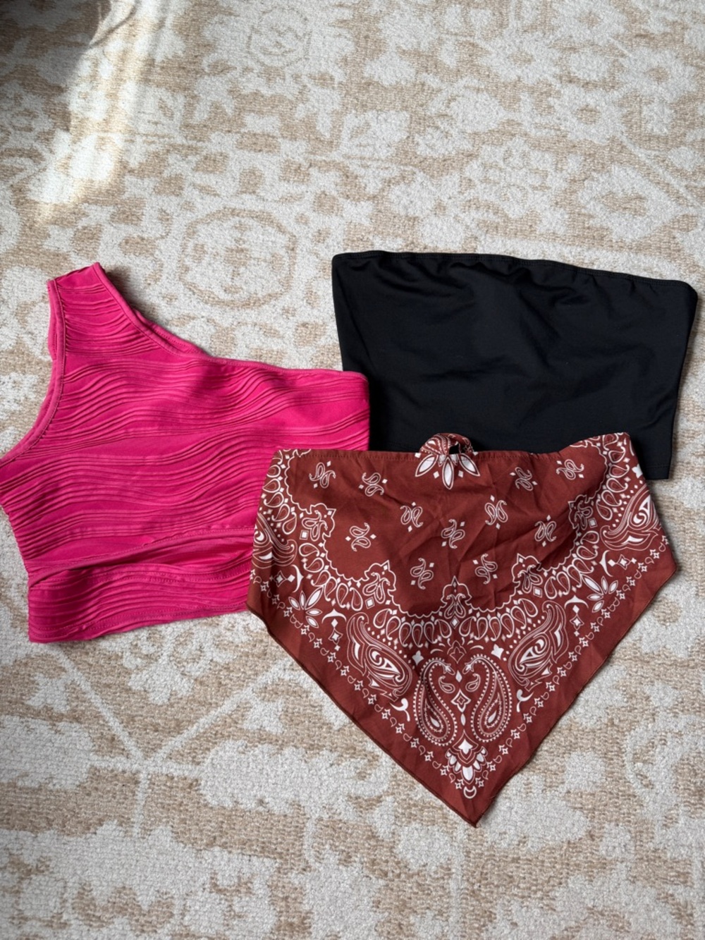 SHEIN Hot Pink One-Shoulder Crop Top, Black tube top & Brown Bandana top